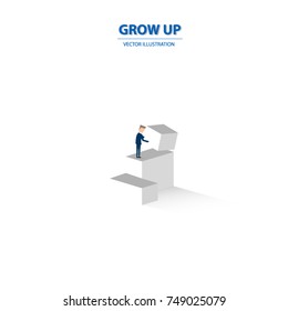 Businessman stands on top of the stairs and building a higher way. Business concept of goals, success, achievement and challenge. Vector illustration.