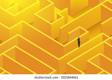 Businessman stands on wall a large complex maze. to find solutions to challenges decision to solve business problems beat the maze and found success. Vector illustration.