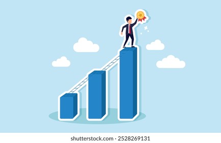 Um homem de negócios está no pico de um gráfico segurando uma medalha de prêmio, ilustrando a luta dos empreendedores para alcançar o maior reconhecimento em sua área