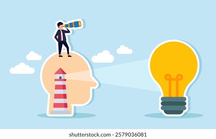 A businessman stands, peering through a telescope from atop a head containing a lighthouse, its light shining forward, illustration of analyst in determining relevant business 