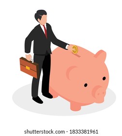Businessman stands  piggy bank savings concept