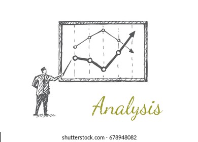 Un hombre de negocios junto al tablero tiene un puntero. Ilustración de concepto de negocio de vectores. Dibujo hecho a mano. Análisis de letras.