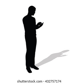 Businessman Stands And Reads Message On His Telephone. Vector Silhouette Of Man With Cell Phone. Standing Young Boy With Shadow Silhouette