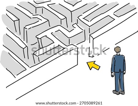 A businessman stands still in front of a large maze, symbolizing career choices, uncertainty, and the search for the right direction.