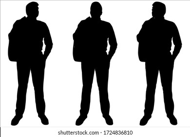 Businessman stands still and holds his jacket. Man in a suit put his jacket on his shoulder. Three male silhouettes stand in a row. Front view, full face. Black silhouette is isolated on a white. 