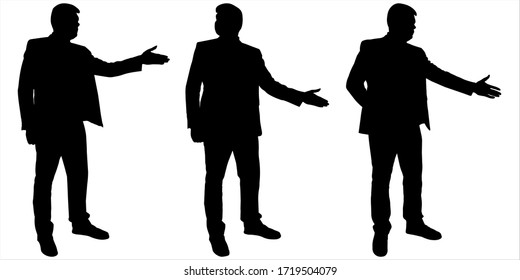 Businessman stands still and holds out one hand forward. Man in a business suit. Black silhouette is isolated on a white background. Three guys stand one after another in one line. Side view, profile.