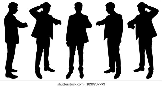 Businessman stands still and looks at watch. Man in a business suit stands in different poses. Side view, profile, full face. Business team. Five black male silhouettes isolated on white background.