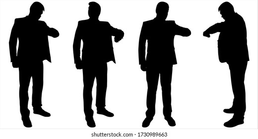 Businessman stands still and looks at the wristwatch. Four black male silhouettes isolated on a white background. Young guy in a business suit. Waiting for opening. Big businessman. Security guard.