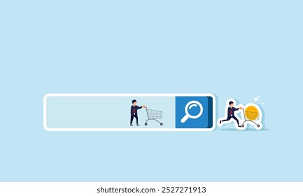 Un hombre de negocios se detiene con un carro dentro de una caja de búsqueda, mientras que otro se agota, empujando un carro lleno de bitcoin, ilustrando las ganancias de la investigación en línea.