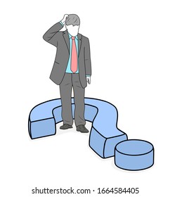 businessman stands thoughtfully over a question mark. vector illustration.