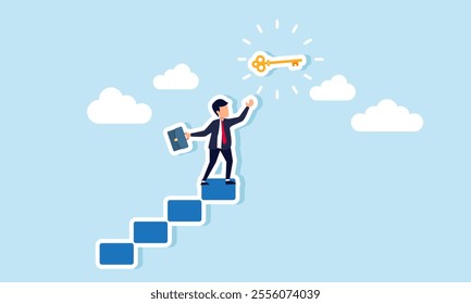 A businessman stands at the top of a ladder reaching for a glowing key, illustration of efforts to find solutions to business challenges