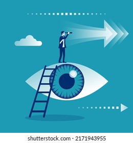 The businessman stands at the top and looks at the telescope. A great vision of the future. Vector illustration flat design. Looking for a new job. Search for new opportunities. Vision future concept.