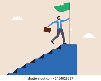 A businessman stands at the top of the stairs, taking the victory flag. Illustration of achievement, success, and remarkable accomplishment.