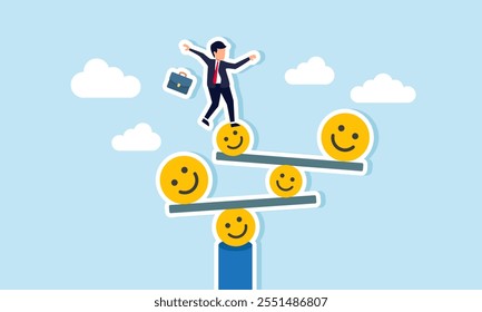A businessman stands unbalanced on a stack of happy emoticons and boards, illustration of maintaining market attention and engagement
