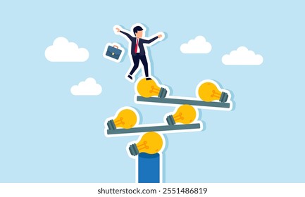 A businessman stands unbalanced on a stack of light bulbs and boards, illustration of how numerous ideas and innovations lead to inconsistent business performance