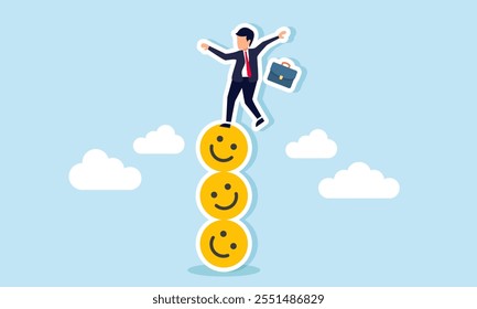 A businessman stands unbalanced on a stack of happy emoticons, illustration of maintaining market attention and engagement