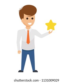 
A businessman with star in hand explaining process of rating.
