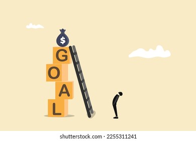 Businessman stares higher at a bag money on the top of the wood row. concept of challenging and reaching goals or targets, business.