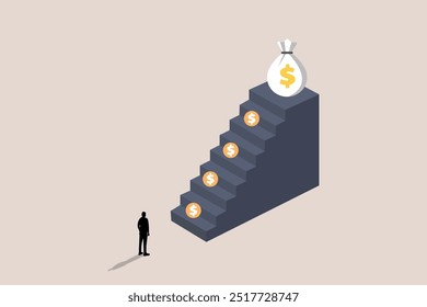 Businessman stares higher at a bag money on the top. concept of challenging and reaching goals or targets