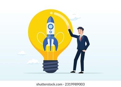 Businessman start up company owner standing with innovative rocket inside light bulb idea, entrepreneurship, setting up new business, motivation to create new business idea, make it success (Vector)