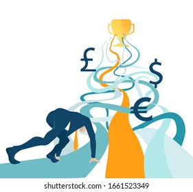 Businessman at the start line, facing to multiple choice and making decision which way to go to get the target. 
