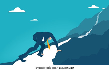 Businessman at the start line lady to run on top of the mountain. Business concept illustration