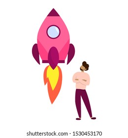 Businessman start a new project. Idea of startup, rocket as metaphor of new business. Personal growth and success. Vector illustration in cartoon style