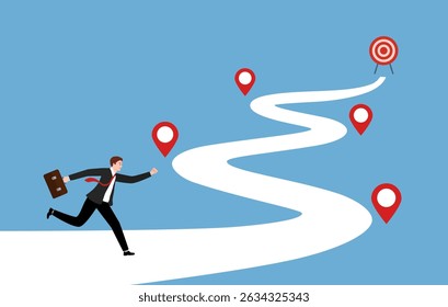 Businessman start on the road to the goal with milestone pin project success journey achievement workflow timeline process step planning progress
