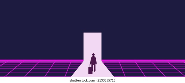 Businessman Start and Steps into Future Door. Moving Forward to New Technology, Blockchain and the Next Layer of the Internet Concepts. Futuristic Tone
