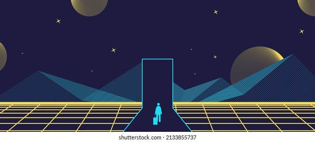 Businessman Start and Steps into Future Door. Moving Forward to New Technology, Blockchain and the Next Layer of the Internet Concepts. Futuristic Tone