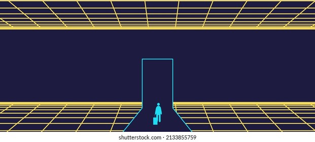 Businessman Start and Steps into Future Door. Moving Forward to New Technology, Blockchain and the Next Layer of the Internet Concepts. Futuristic Tone