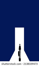 Businessman Start and Steps into Future Door. Moving Forward to New Technology, Blockchain and the Next Layer of the Internet Concepts. Futuristic Tone