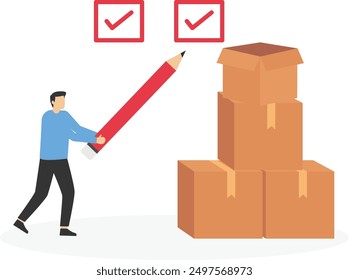 Businessman starting business checking package before shipping. Checking inventory, QC, quality control to ensure product delivery. Flat vector illustration

