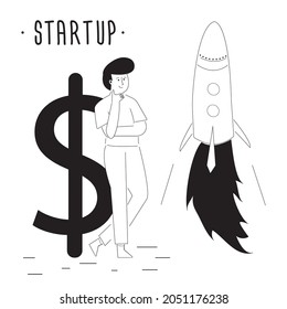 Businessman starting new business project. Launch of new profitable startup. Investor with big dollar sign. Rocket takeoff. Product innovation, creative ideas. Line art, doodle. Vector illustration