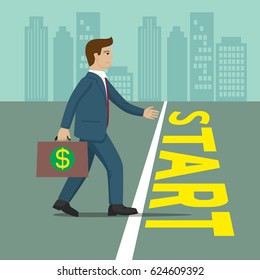 Businessman in the starting position, vector illustration cartoon
