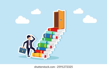 A businessman starts climbing stairs made of stacked books to reach a door at the top, illustration of progress in completing a business report