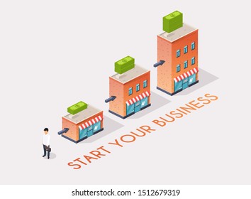 Businessman starts his own business. Isometric flat design modern vector illustration concept.