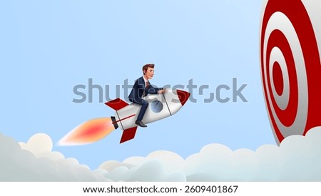 Businessman Startup Flying On A Rocket To Big Target. EPS10 Vector