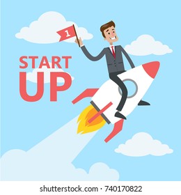 Businessman with startup. Man flying on the rocket with red flag.