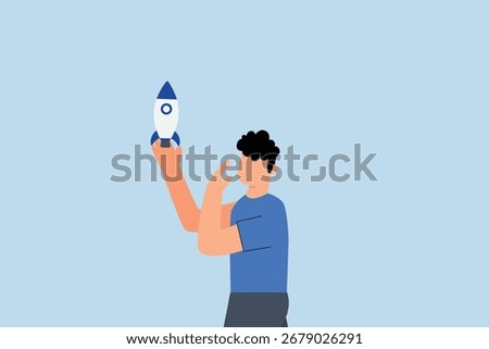 businessman and startup project, businessman grasping rocket initiative contemplating for takeoff. 