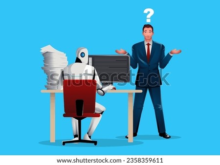 Businessman in a state of confusion as artificial intelligence takes over his job roles. Symbolizes the challenges and adjustments in the modern workforce due to technological advancements