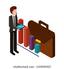 businessman with statistic graphic and portfolio