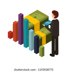 businessman with statistic graphic and stack bill dollar