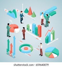 Businessman with Statistics Elements. Finance Analysis. Business Analytics. Vector flat 3d illustration