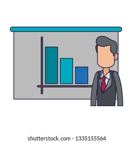 businessman with statistics graph on whiteboard blue lines