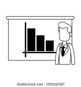 businessman with statistics graph on whiteboard black and white