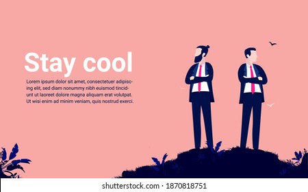 Businessman stay cool - Two men on hilltop, posing and looking awesome. Brand image and personality concept. Vector illustration.