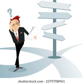 Businessman staying on the crossroads near a pointer sign.
A businessman at a crossroads thinking what a decision to make
