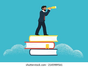 Businessman staying on stack of books and looks into telescope. Proffesional education concept. Business books.
