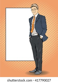 Businessman stays next to blank white board. Pop art comics retro style vector illustration.